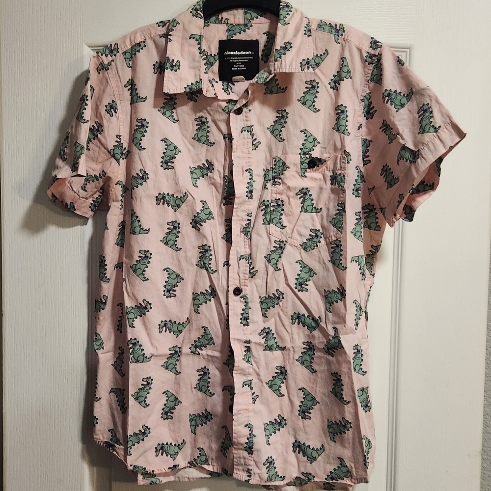 💜 NICKELODEON Pink Rugrats "Reptar" Short Sleeve Button Down (Size XL)